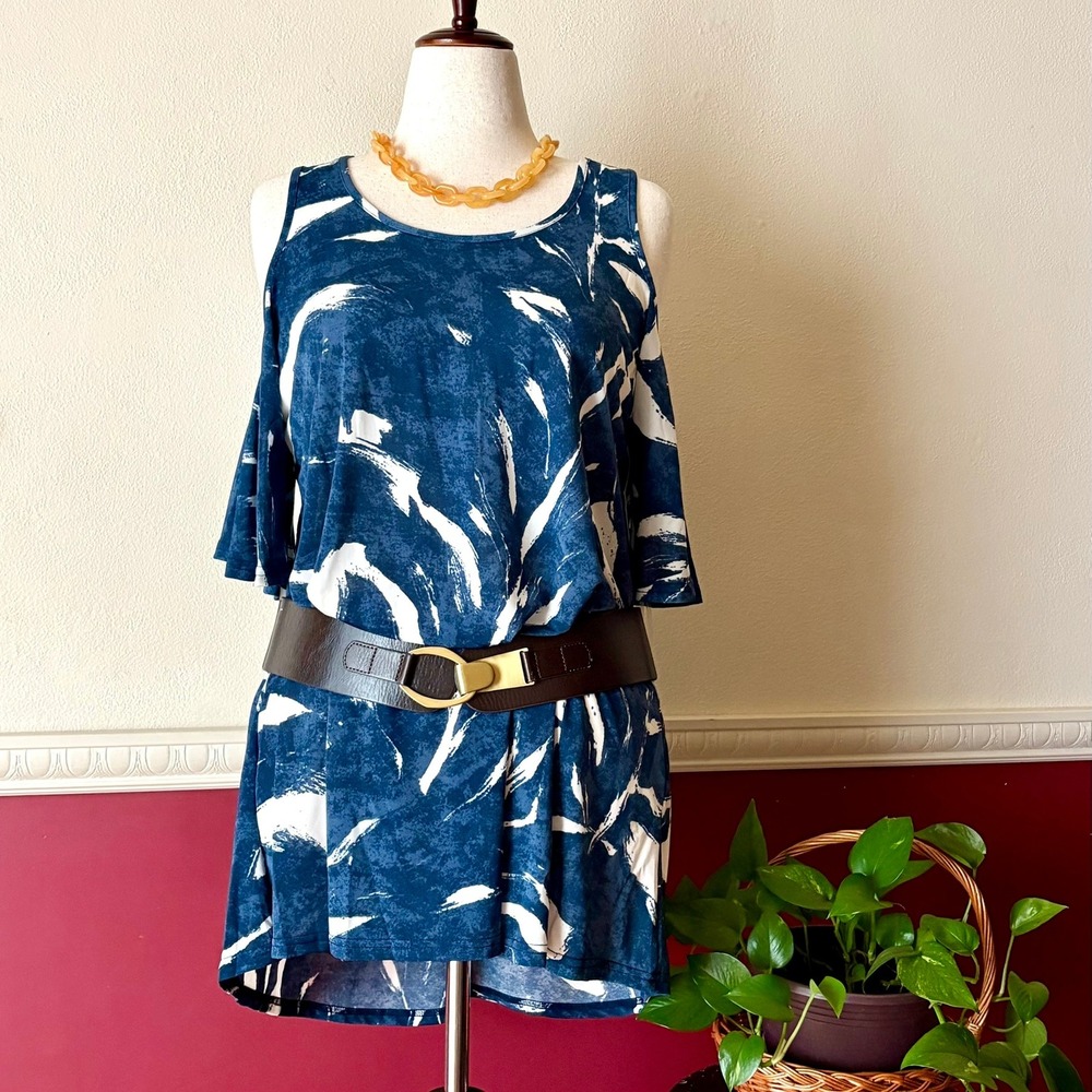 Lildy Cold Shoulder Tunic Blue & White Abstract Brushstroke Print Top L/XL Boho